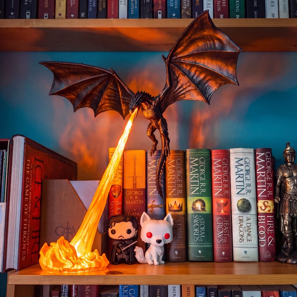 Dragon fire lamp on a bookshelf