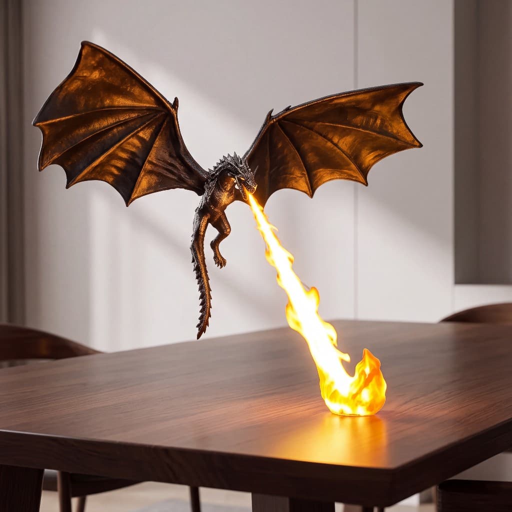 Dragon fire lamp breathing glowing flame on a wooden table