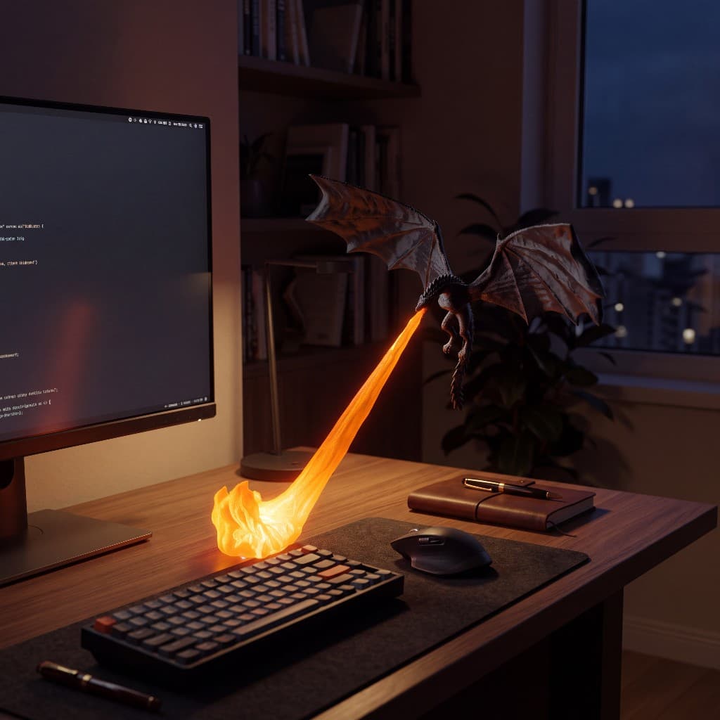 Dragon fire lamp glowing on a desk beside a monitor