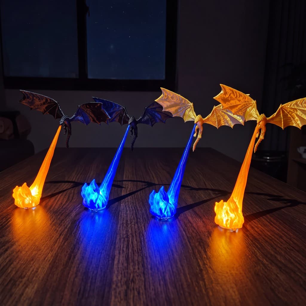 Dragon fire lamp in black and gold with red and blue flames