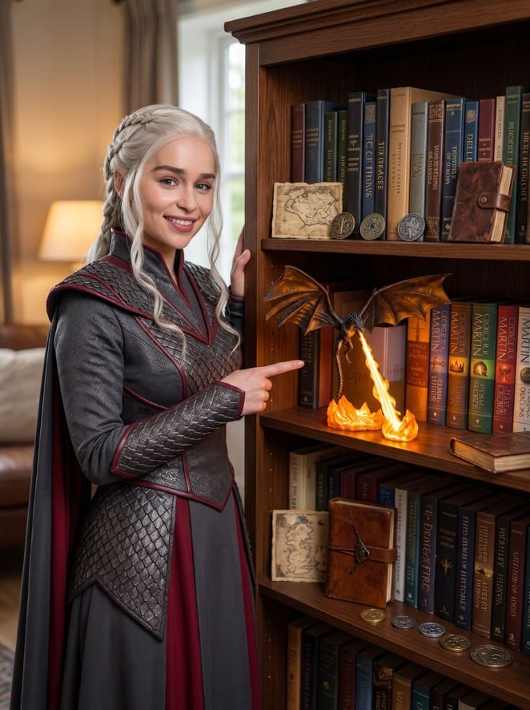 A fantasy fan pointing to the dragon lamp on her bookshelf