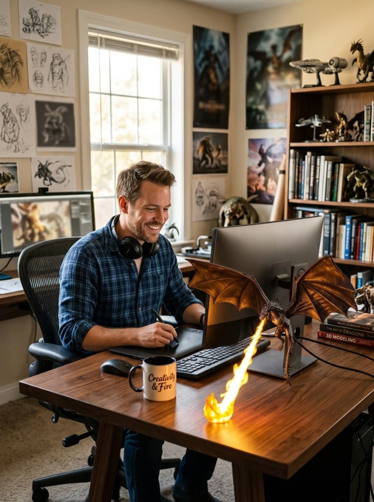 A designer smiling at the glowing dragon lamp on his desk