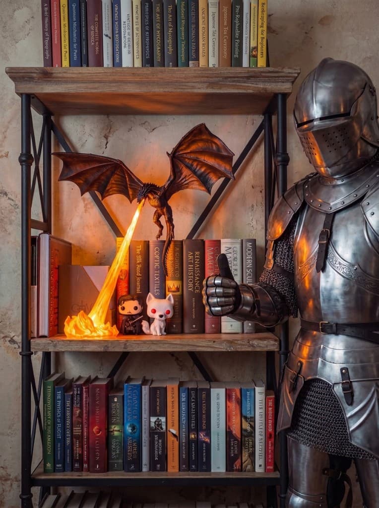 The dragon lamp glowing on a rustic bookshelf
